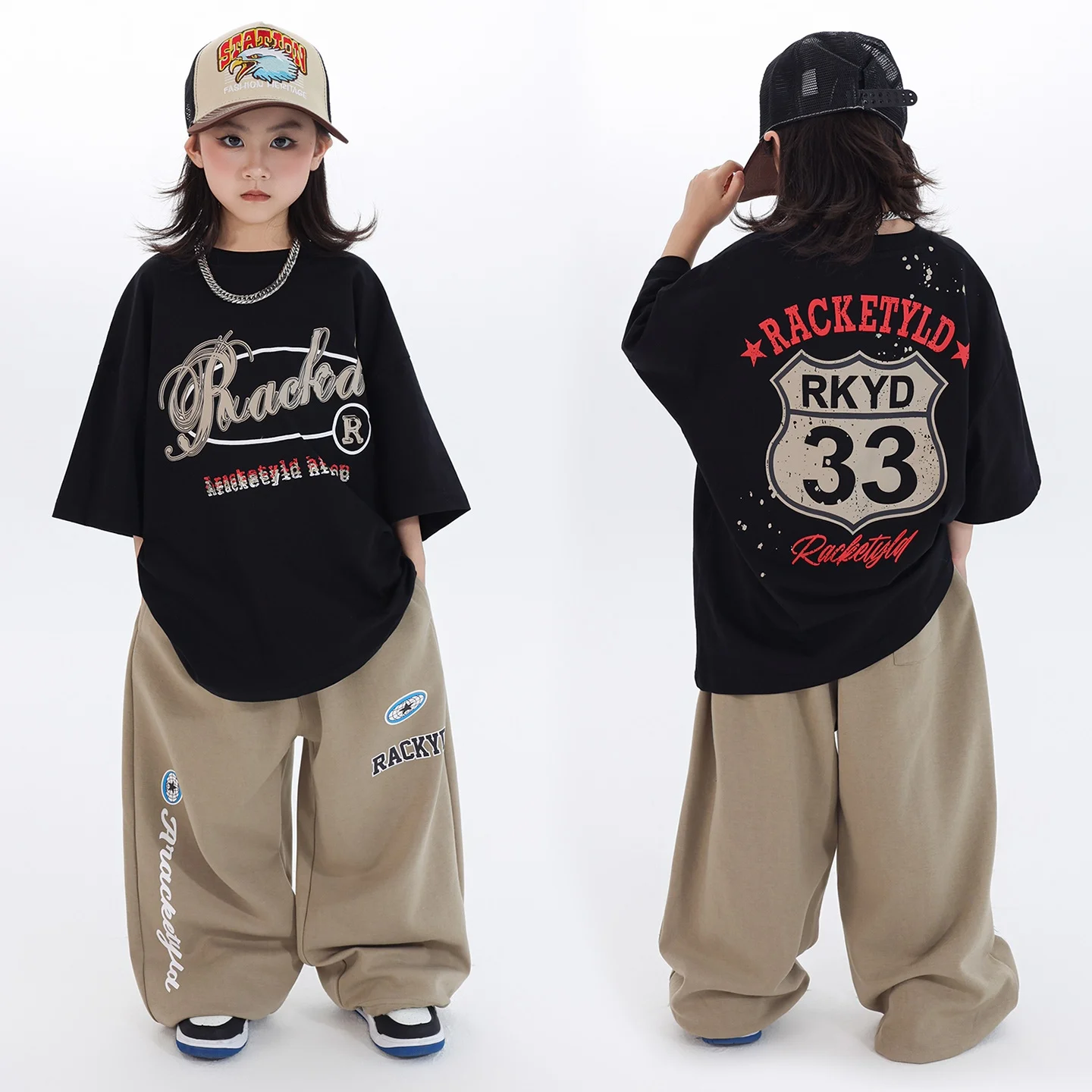 子供ヒップホップダンス服黒 Tシャツスウェットパンツガールズボーイズストリートダンスジャズ練習パフォーマンス衣装ジョガーセット BL16379