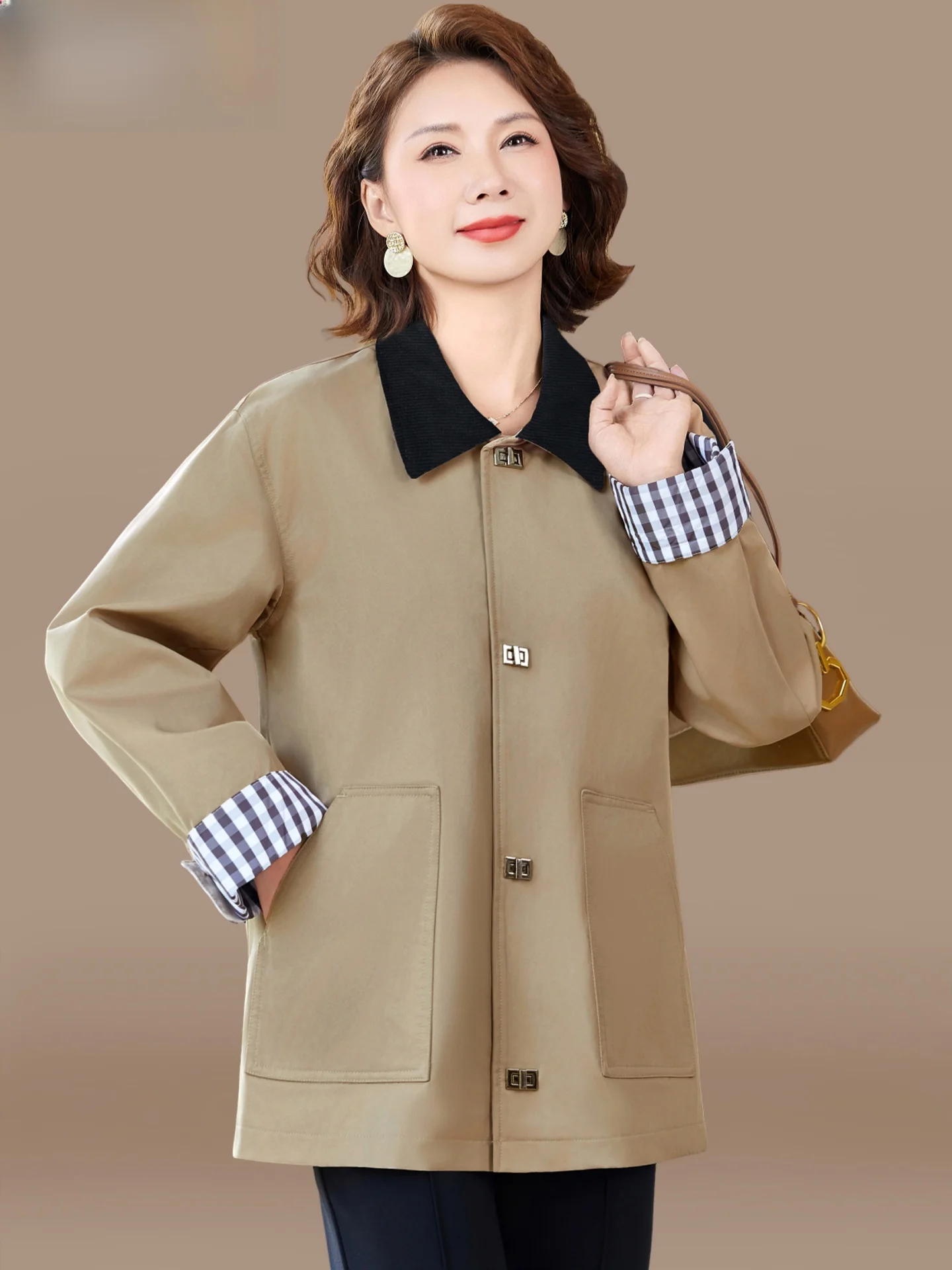 

Ele Mid-Length Autumn Coat for Middle-Aged Mothers Faionable Loose Fit Women's Jaet Button-Up Casual Outerwear