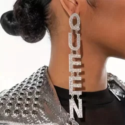 Fashionable and exaggerated women's sparkling rhinestone English letter QUEEN earrings luxurious crystal long pendant earrings j