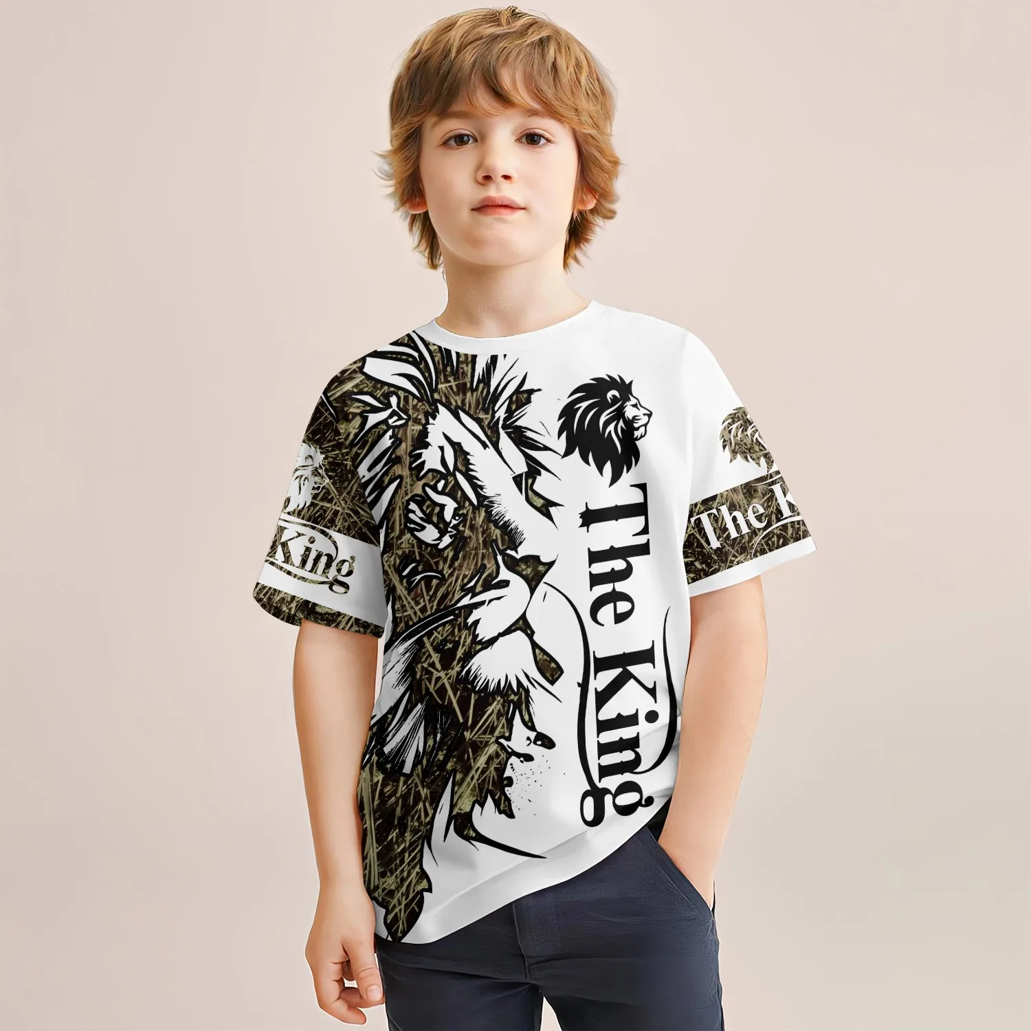 Summer New Children\'s Clothing Big Fish Lion 3d Printed Short-Sleeved T-Shirt Boys Casual Breathable Sports Tops 4-14 Years Old