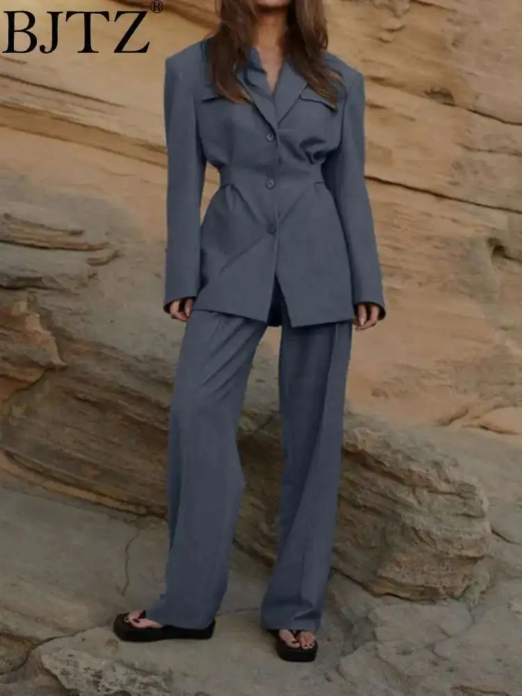 

BJTZ 2025 Spring Fashion Flip Neck Elegance Waist Wrapped Suit Coat For Women Casual Pants Design Sense Solid Color Set