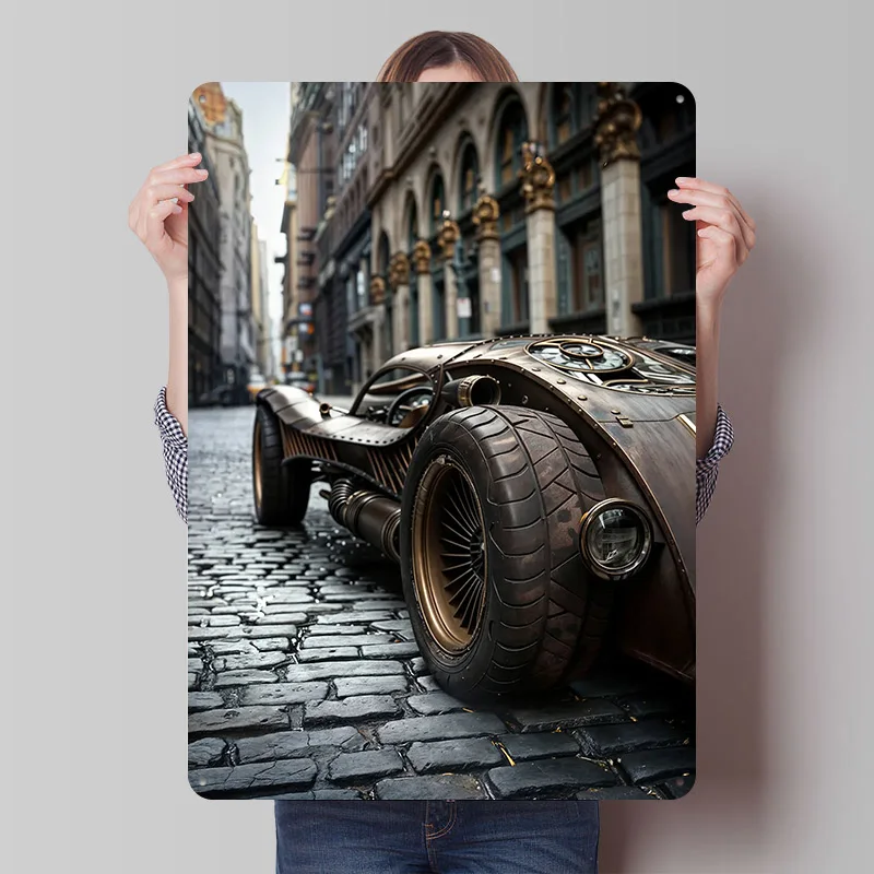Steampunk in City Car Metal Poster Custom Wall Art Retro Vintage Tinplate Signs for Man Cave Apartment Decoration Room Wand Deko