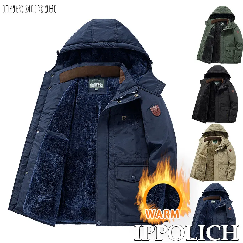 Winter Jacket Thickened Warm Outdoor Sports Running Fleece Removable Hooded Coats Windproof Warm Padded Thickened Hooded Jacket