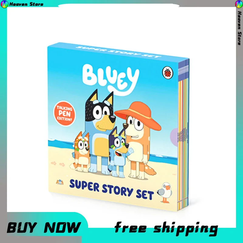 

Bluey Super Story Set 10 Boxed English Original Picture Book Point Reading Version Caterpillar Point Reading Pen Matching Book