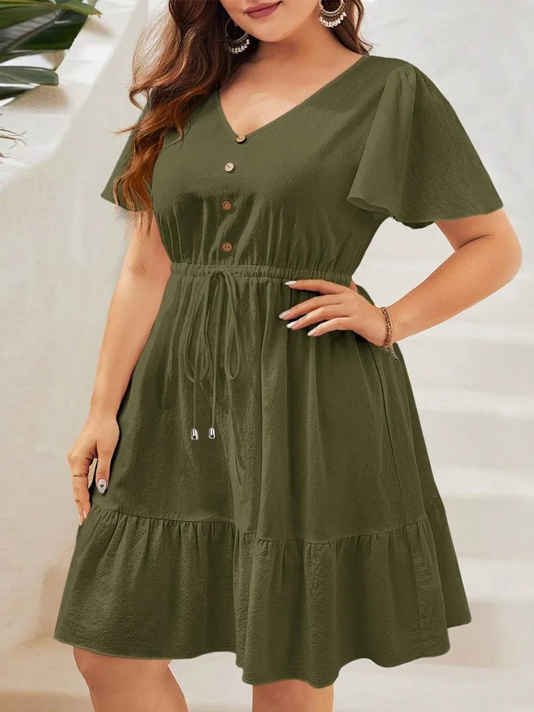 Plus Size Summer Short Sleeve V-Neck Mini Dress Women A-Line Ruffle Pleated Fashion Ladies Dresses Loose Casual Woman Dress