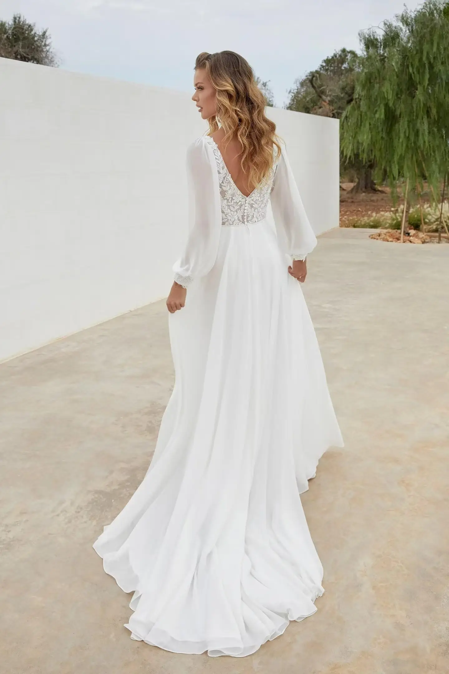 فساتين زفاف دانتيل شيفون للعروس بأكمام طويلة فساتين زفاف صيفية للشاطئ بوهو #2