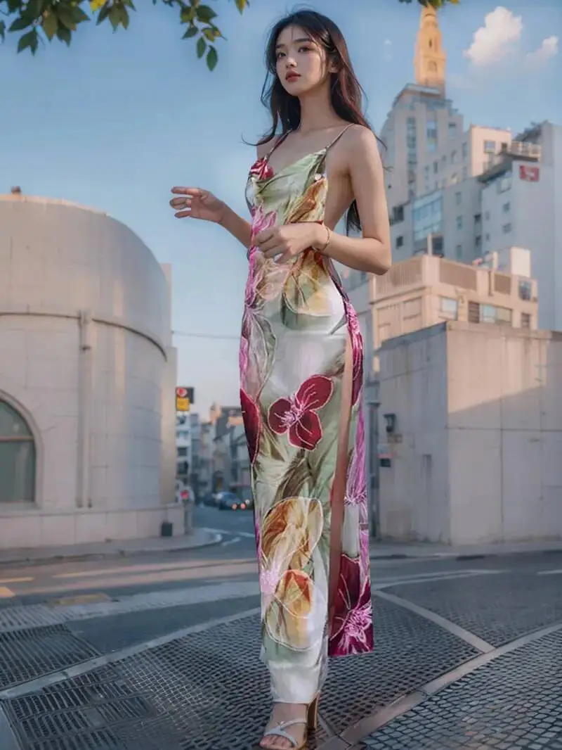 

Сексуальное длинное платье с принтом и V-образным вырезом, женское ретро-платье без рукавов с открытой спиной и боковым разрезом, пляжное платье для женщин, праздничное платье в стиле High Street PA4Q