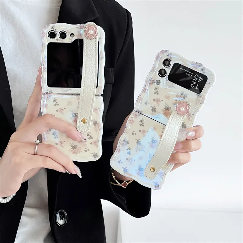 

Floral Strap Phone Case for Samsung Galaxy Z Flip 6 5 4 3 Protective Back Cover for ZFlip4 ZFlip5 ZFlip6 Case