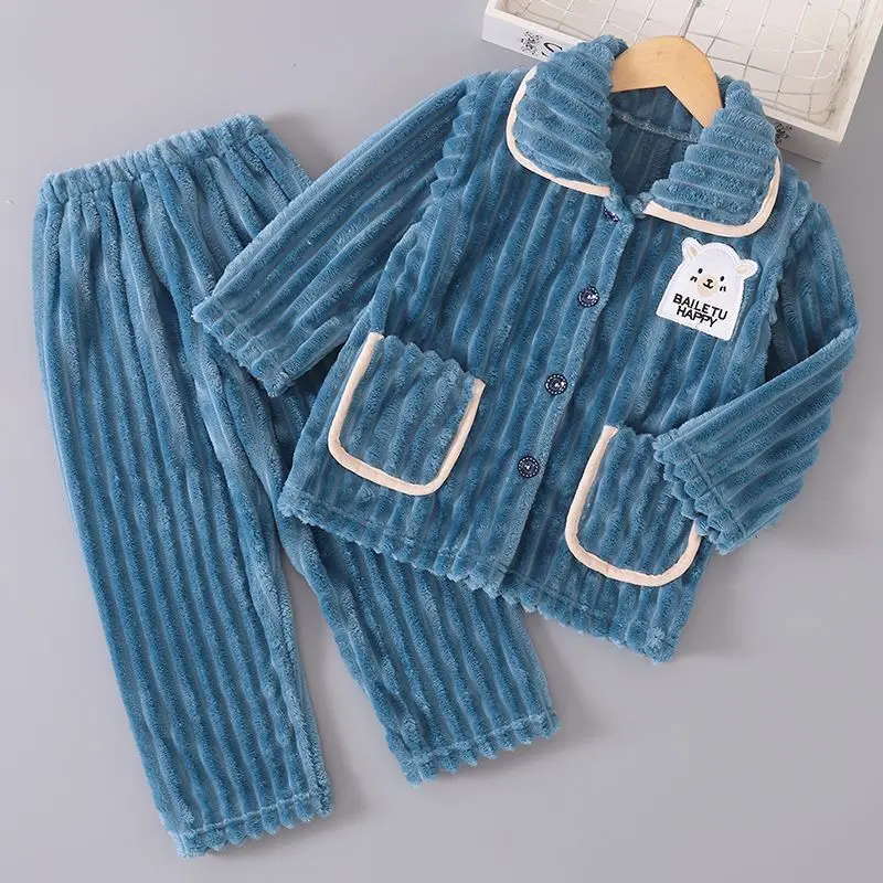 Crianças outono inverno flanela macia conjuntos de pijamas quentes bebê dos desenhos animados urso lapela casaco com calças pijamas meninos meninas casual pijamas