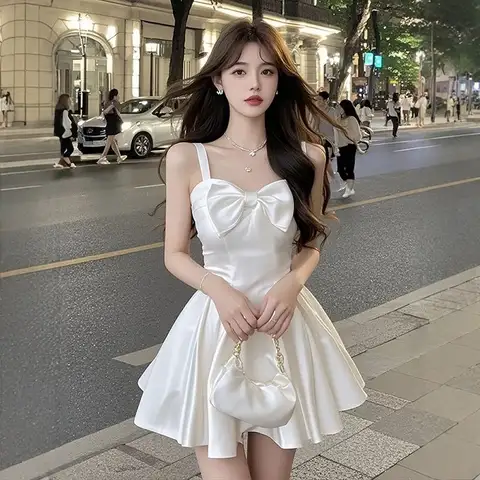 French White Bow Suspender Dress for Women in Spring and Summer New Pure and Sexy Satin Waist