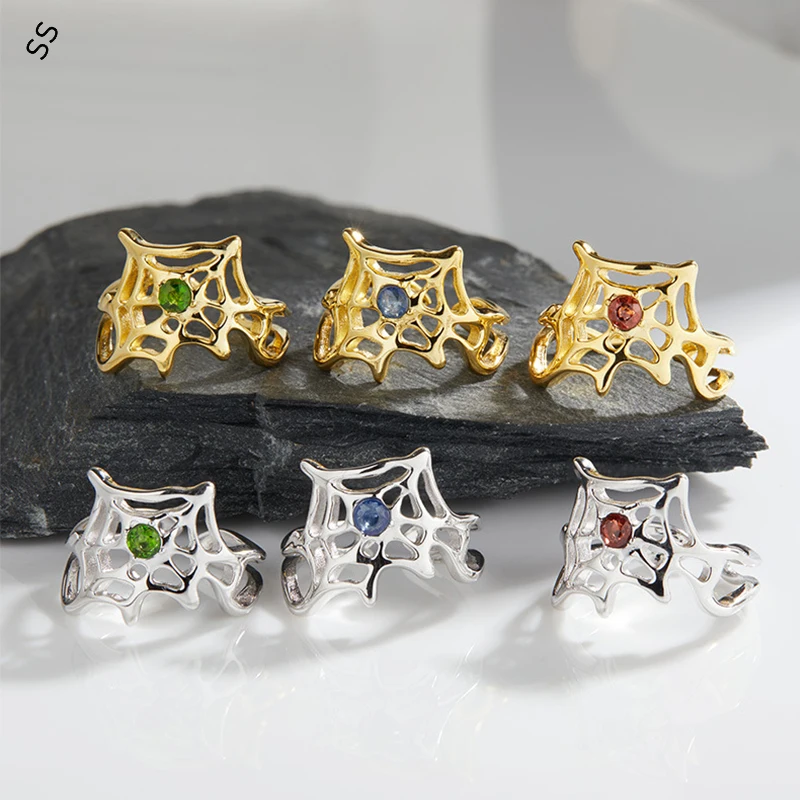 Spider Web Design Element Women Men Adjustable Ring with Colorful Gemstone S925 Silver Gold Metal Hand Charms Garment Accessory