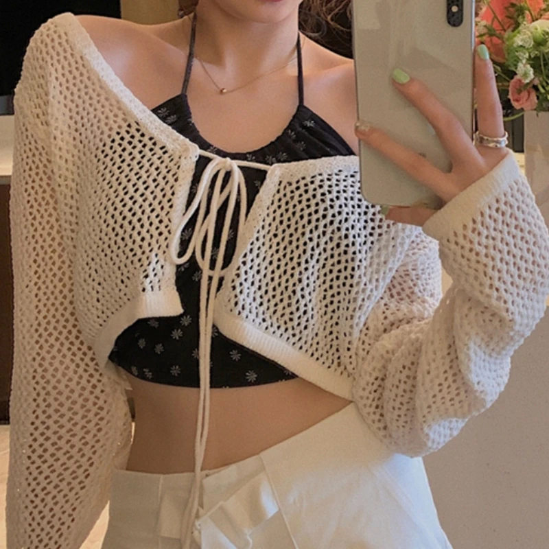 Women V-Neck Lace-Up Front Long Sleeve Cardigan Crop Top Hollow Out See Through Fishnet Mesh Shirts Thin Cover Up Jacket