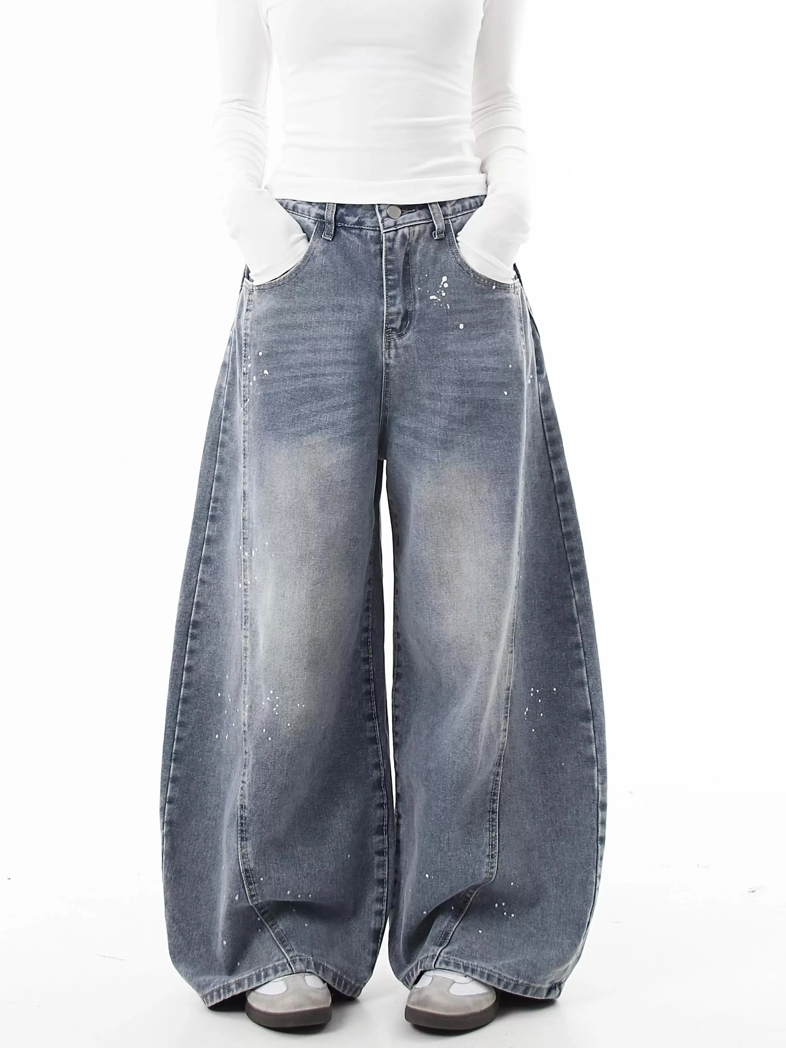 

Y2K Американские уличные женские джинсы, потертые потертые чернильные брызги, изогнутые широкие брюки, прочные красивые брюки высокого класса