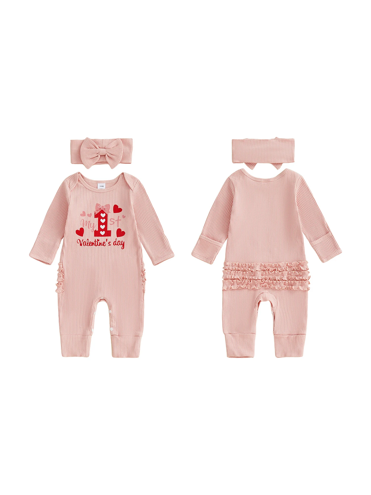 

Infant Valentine s Day Romper with Matching Bow Headband Set Heart Print Long Sleeve Jumpsuit Baby Girl Outfit