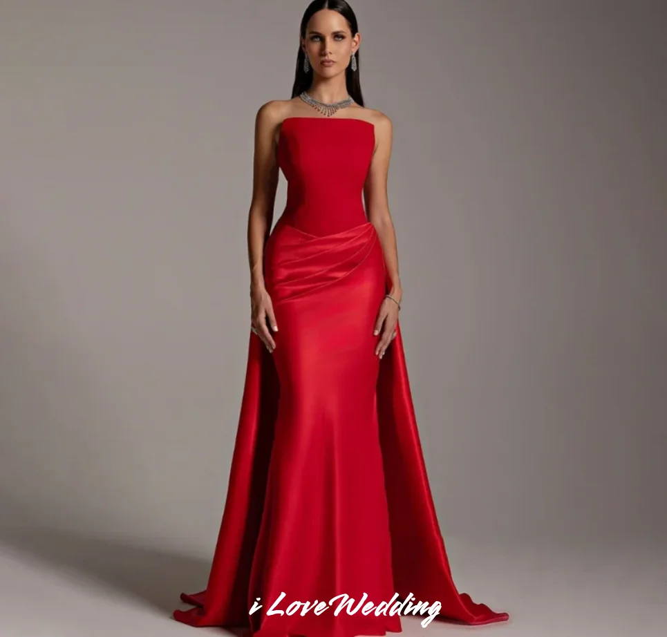 

Красные вечерние платья без бретелек 2025 г. Плиссированные платья русалки длиной до пола со шлейфом для особых случаев по индивидуальному заказу