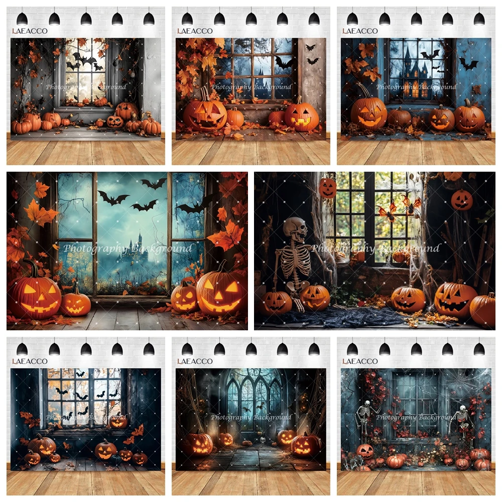 هالوين نافذة المشهد التصوير خلفية الخريف ورقة القرع الخفافيش الهيكل العظمي غرف الديكور الأسرة مهرجان خلفية حفلة