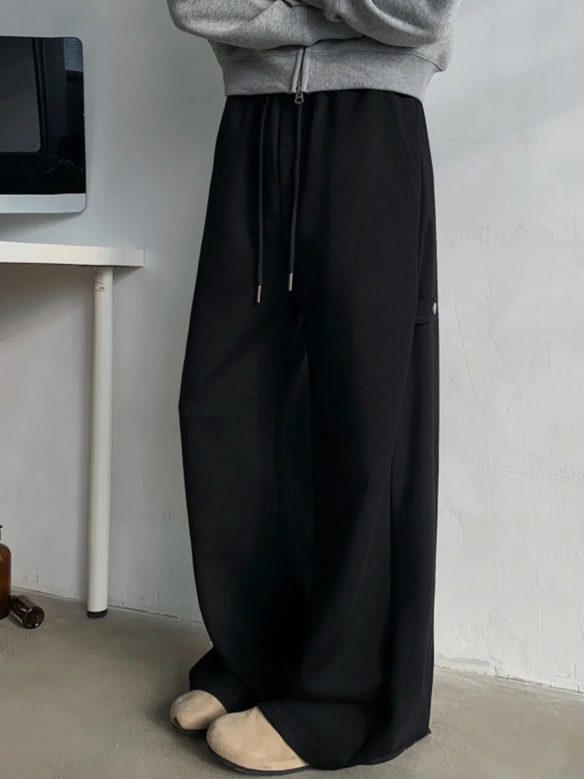 Grey Deconstructed Spor Wide Leg Casual Pants Men's Autumn Winter Heavyweight American High Street Loose Fit Long Trousers