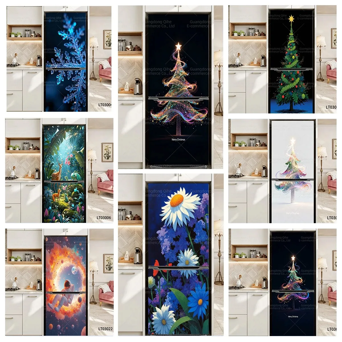 

Christmas Tree Flower Space Snowflake Refrigerator Door Sticker Waterproof Self-Adhesive Fridge Mural Wrap for Home Decor