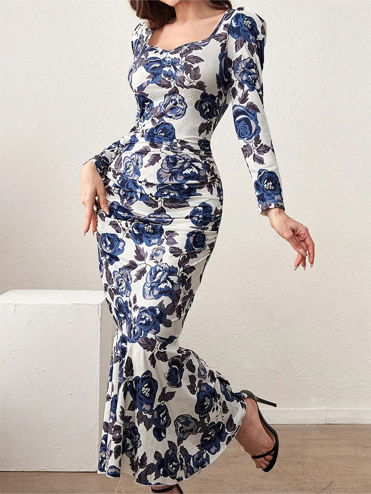 2024 Spring and Summer New Women's Temperament Elegant Printed Pattern Dress Long Sleeve Slim Square Neck Dresses