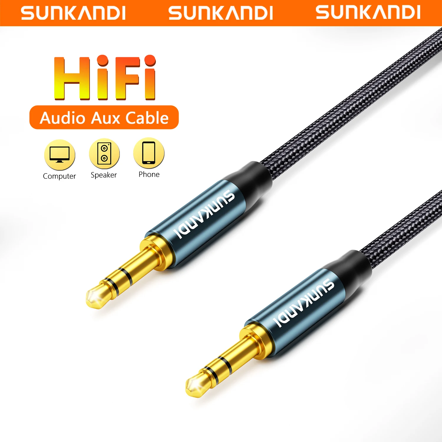 SUNKANDI 3.5mm Audio Cable Male to Male Stereo Audio AUX Cord for Car, Headphone Jack, Speaker, Home Stereos, Smartphone