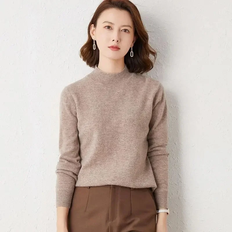 2023 New Solid Mock Neck 100%Wool Cashmere Sweater Female Autumn Winter Loose Sweater Knitted Wool Bottoming Shirt Casual