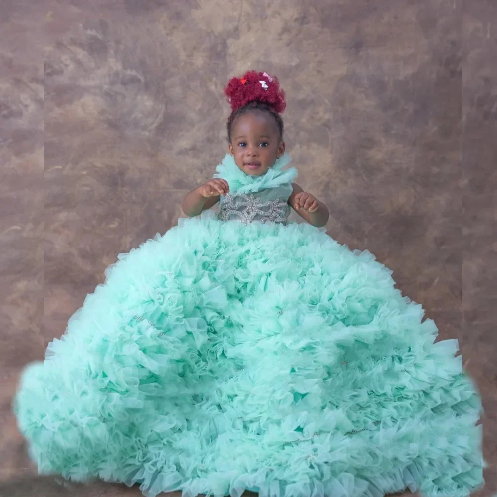 Robes de soirée d'anniversaire personnalisées vert menthe pour filles, robes de demoiselle d'honneur à col haut, volants, bébé, enfants, boule, tout pour séance photo