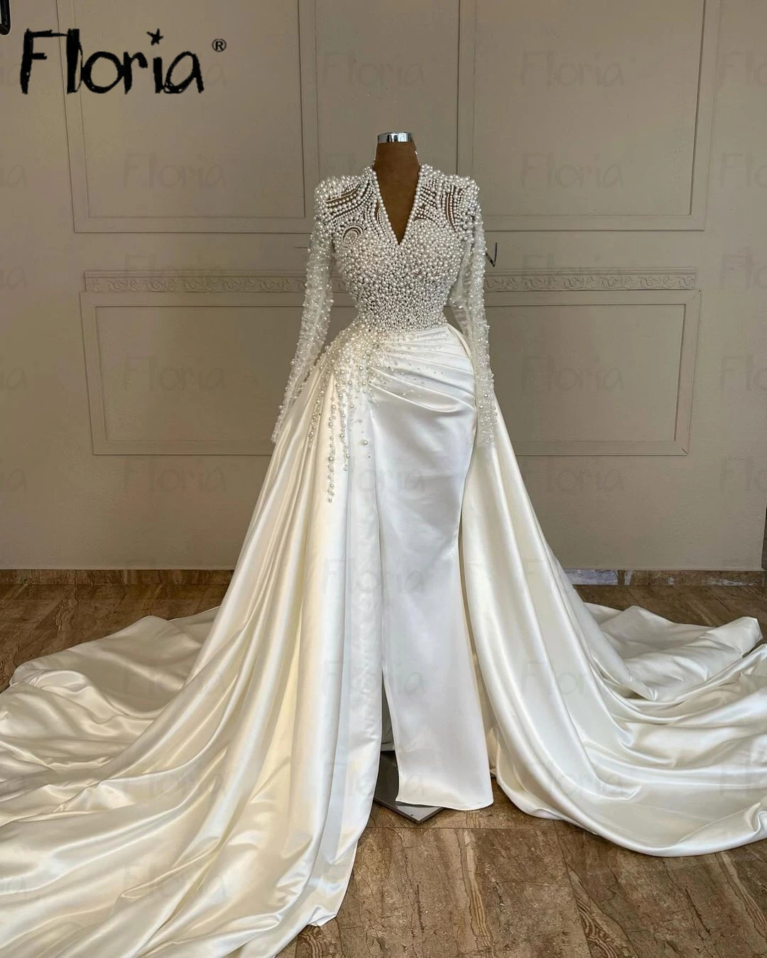 Vestido De novia elegante con perlas completas, Vestido De novia De satén con cuello en V profundo, hecho a medida en Dubai, talla grande, 2024