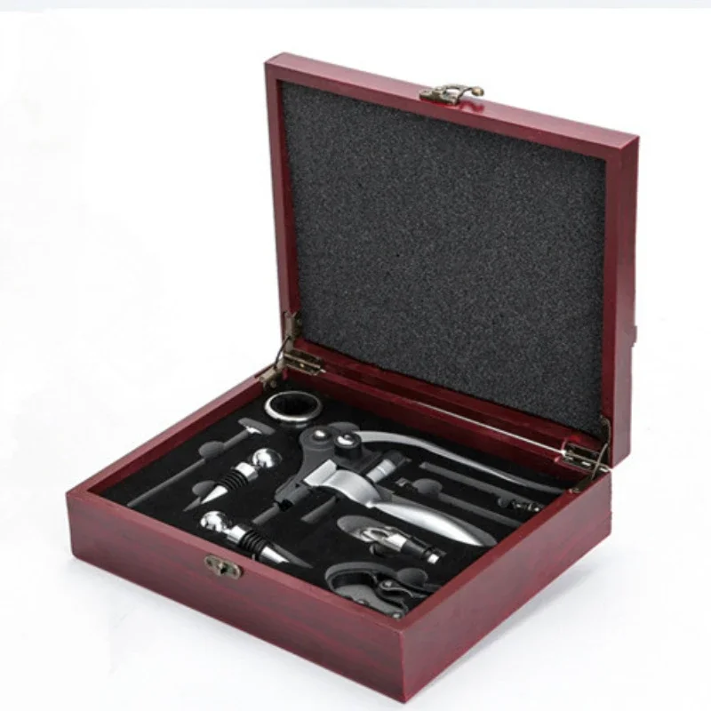 Wine Corkscrew Gift Set Wooden Box Nine-Piece Set Set Gift Box Leather Box  Screwdriver Cork
