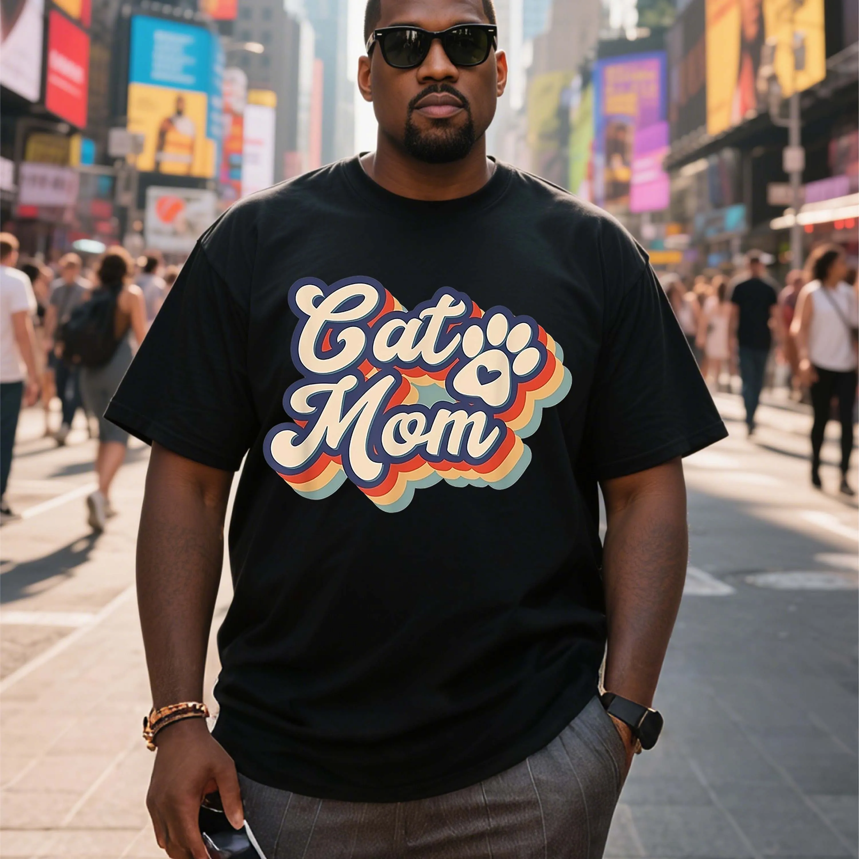 

Черная футболка с короткими рукавами и узором «Кошачья мама» больших размеров, подходящая для летней одежды для отдыха на открытом воздухе