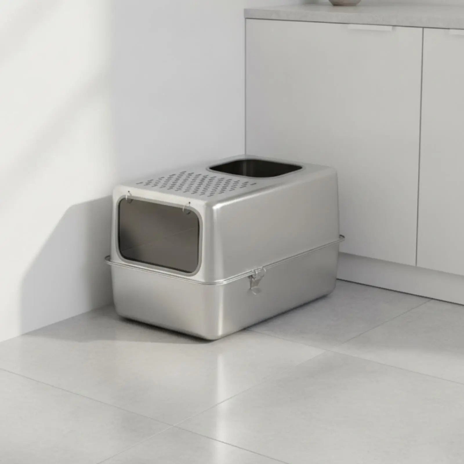 Odor Control Cat Litter Enclosure with Perforated Ventilation Panel for Indoor Kitty Cage House