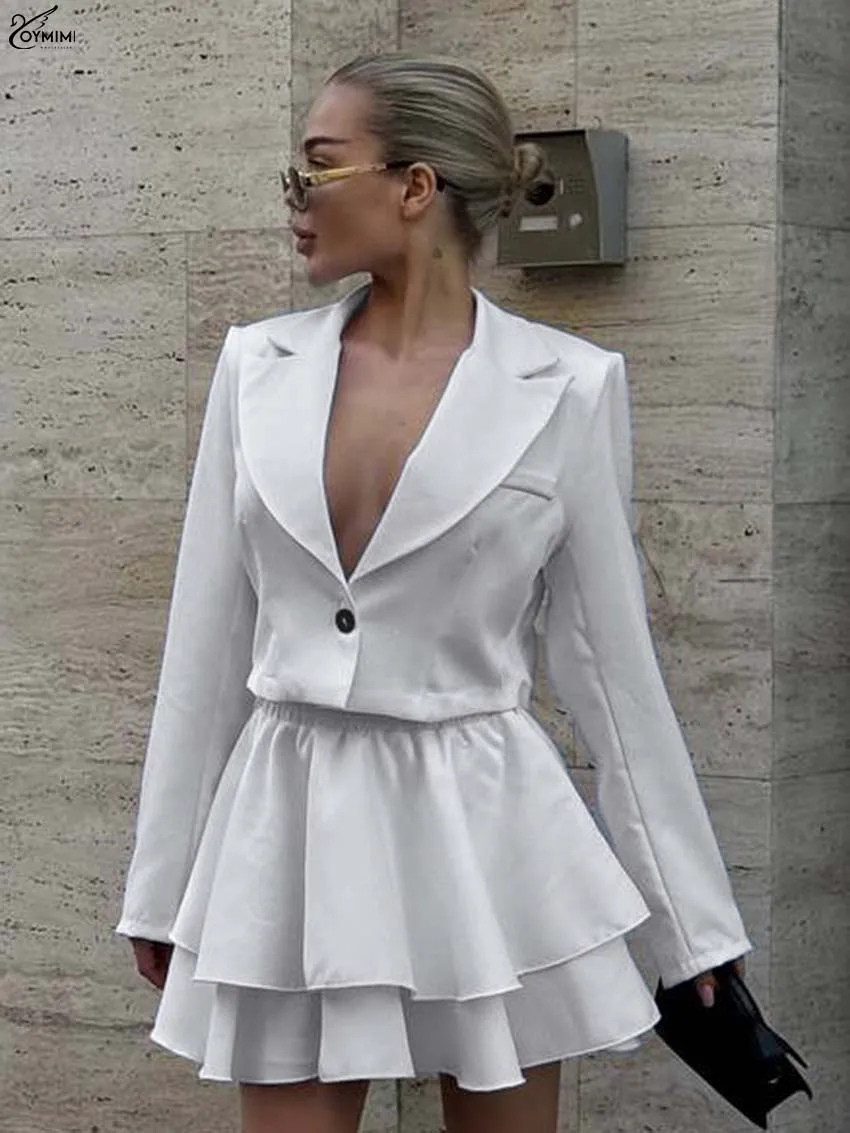 

Oymjmi Fashion White Loose 2 Pieces Set For Woman Elegant Lapel Long Sleeve Single Button Shirts And Pleated Mini Skirts Sets