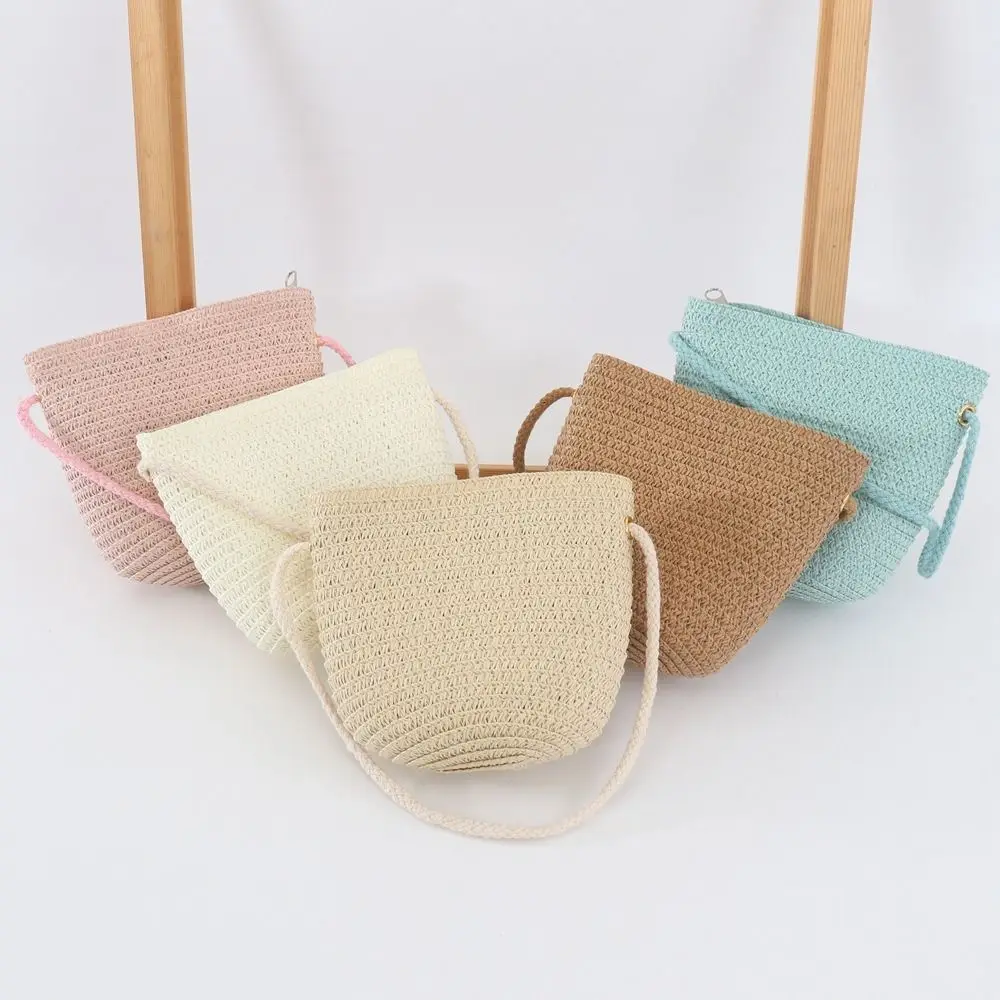 Straw Summer Pure Color Children Girls Shoulder Bag Coin Purse Crossbody Bags