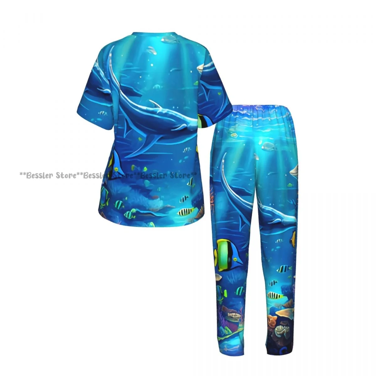 Women Pajama Sets Lounge Sleepwear Underwater World Ocean Animal Plant Fish Short Sleeve Nightwear view 3
