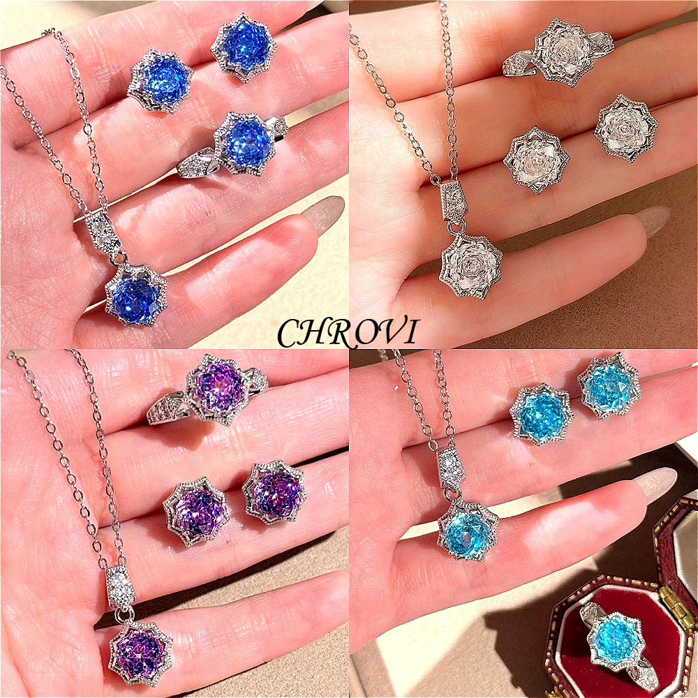 Lujoso collar de plata de ley 925 con diseño de rosa milenaria y azul Klein, y un juego de pendientes de color azul marino y un anillo con forma de estrella octogonal, para mujer.