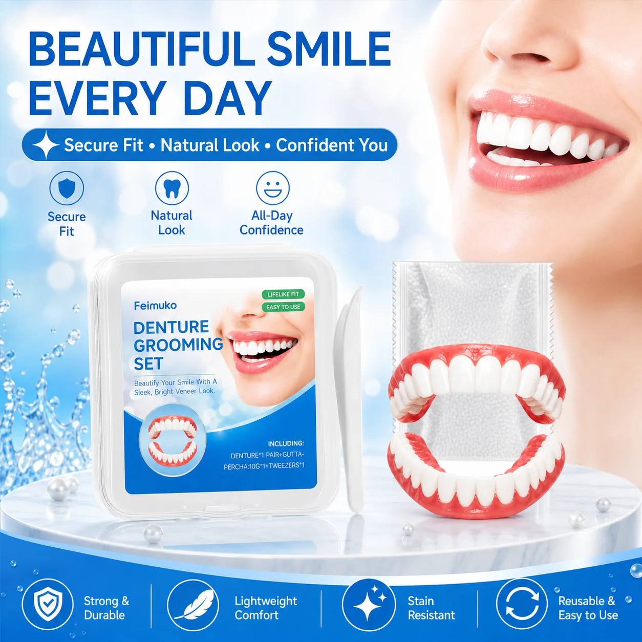 Facettes dentaires esthétiques, appareil dentaire temporaire, couvre-dents factices, prothèse dentaire pour femmes confiantes, usage quotidien, gestion du sourire