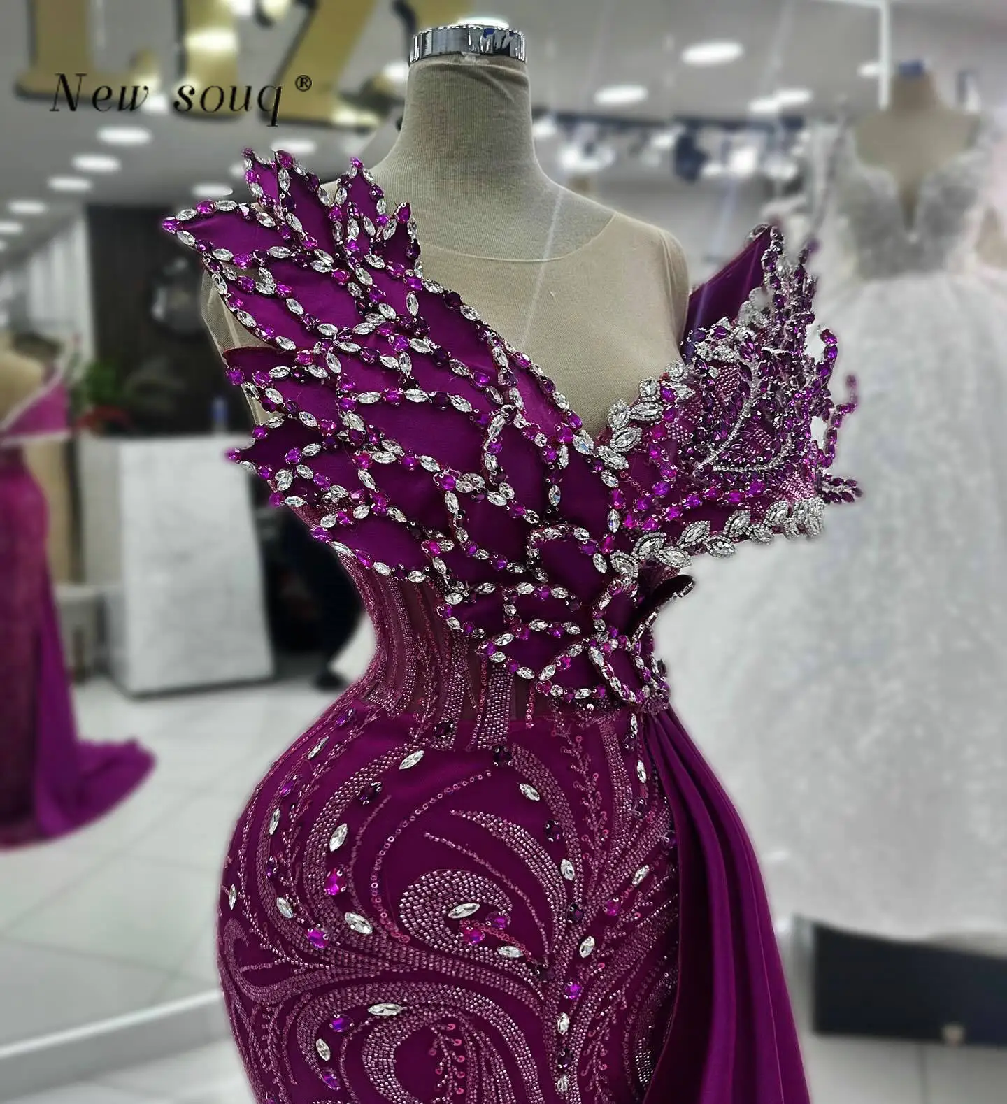 Purple Long Mermaid Evening Dresses with Side Train Customized Arabic Formal Prom Gowns 3D Leaf Wedding After Party Robes