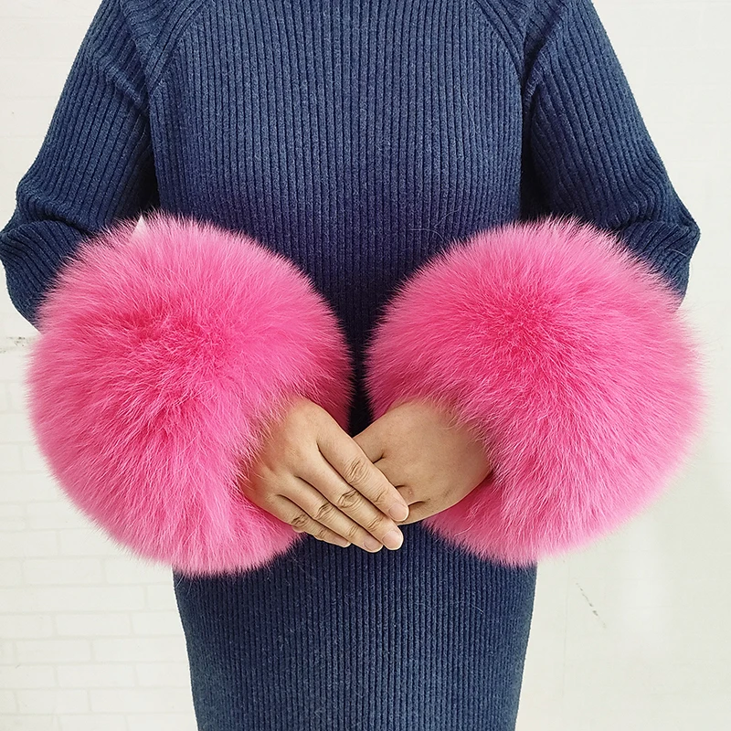 진짜 모피 커프스 손목 워머, 블랙 리얼 여우 모피 손목 밴드, 레이디 팔찌 재킷 소매 장식, 리얼 퍼 커프 코트 액세서리