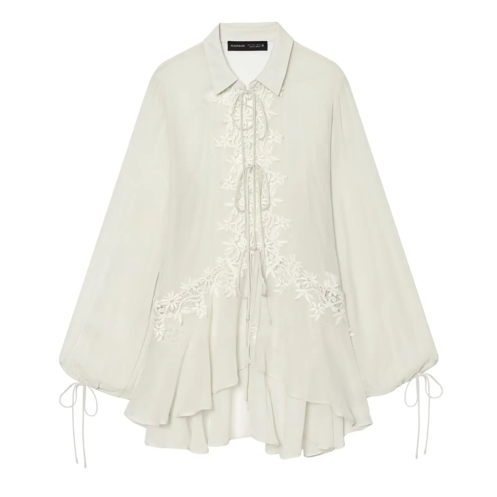 BSAY Französischer Boho-Stil Damenbluse mit Reverskragen, Spitzenstickerei, Vordereinband, Laternenärmeln, unregelmäßigem Rüschensaum, Hemdtop – Detail 2