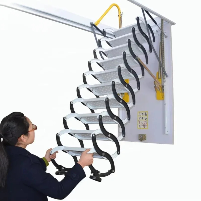 

New Model Manual Telescopic Folding Ladder Metal Handrail Carbon Steel Attic Stairs
