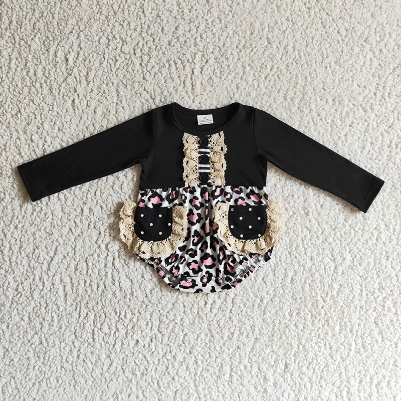 

Newborn Black Cotton Bubble Leopard Lace Ruffle Romper Baby Girl Dots Pocket Jumpsuit Kid Bummie Toddler One-piece Fall Clothes