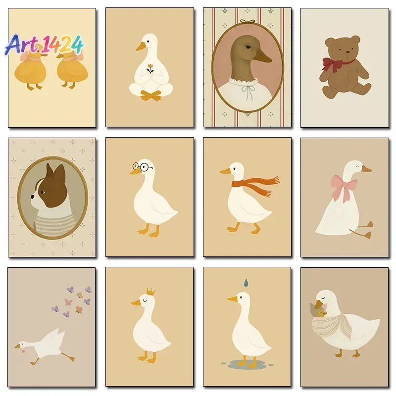 1pc frameless Canvas Painting Cute Silly Goose Rocking Horse Chick Teddy Bear Blue Duck Poster Print Wall Art Pictures Canvas