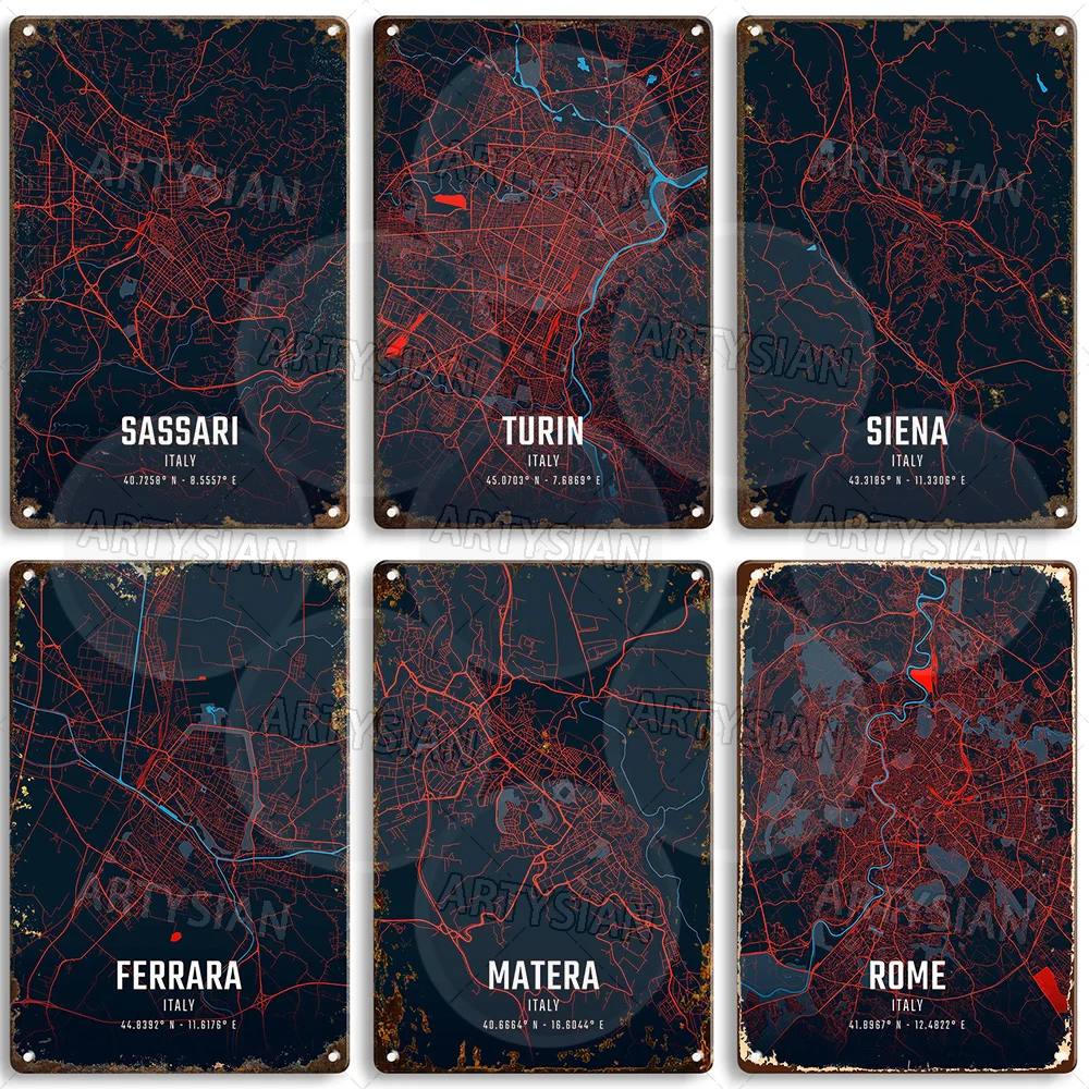 Italy City Map Tin Sign Rome Milan Florence Turin Verona Pisa Bologna Brescia Modena Padua Vintage Metal Plaque Wall Decor
