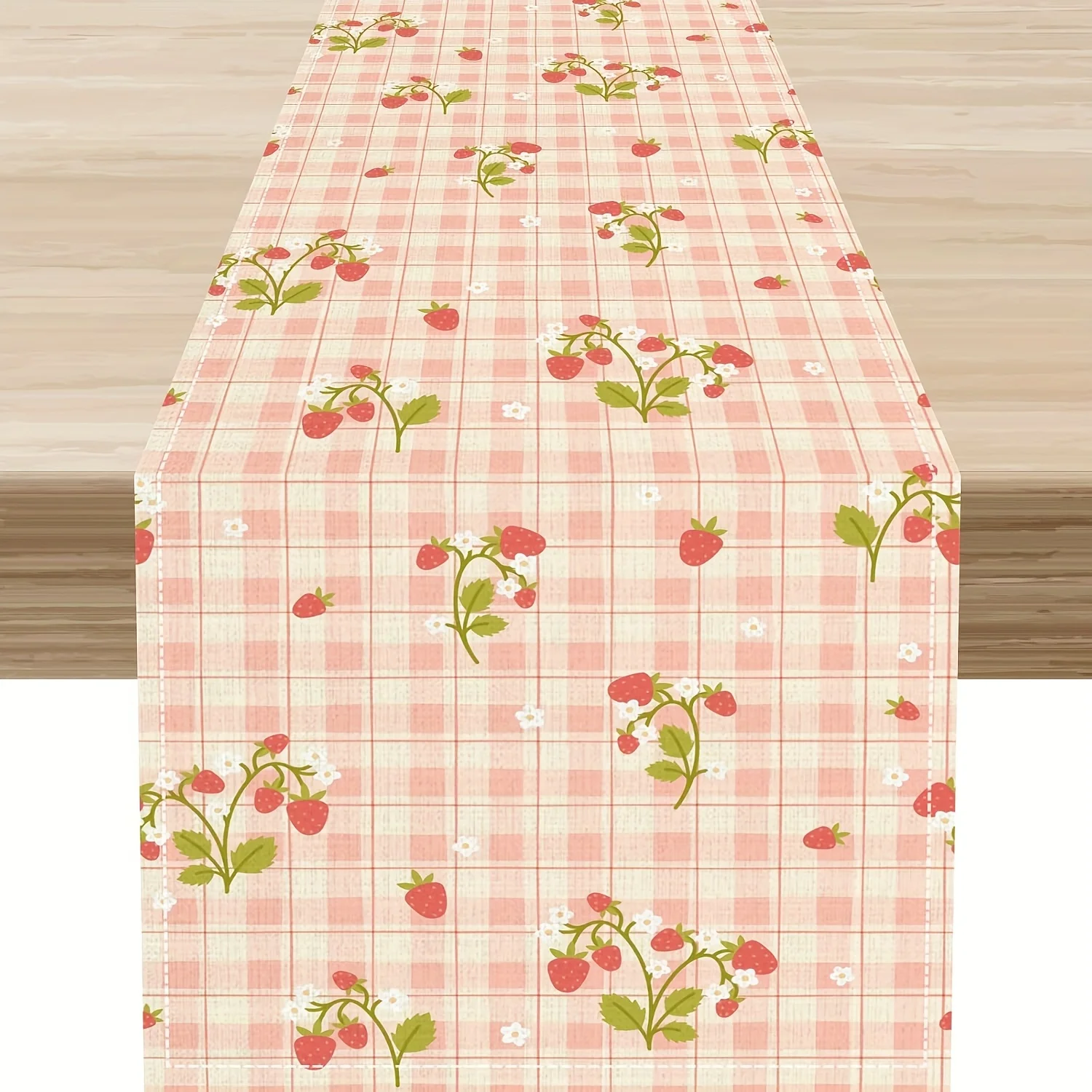 

1pc Pink Plaid Strawberry Linen Table Runner, 2D Print Sweet Table Decor, Kitchen Dining Living Room Decor, Gift for Home
