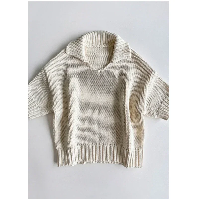 2023 Autumn Cot Spanish Niche POLO Neck Retro Tube Approximately Thick Knit Short Sleeved Knit