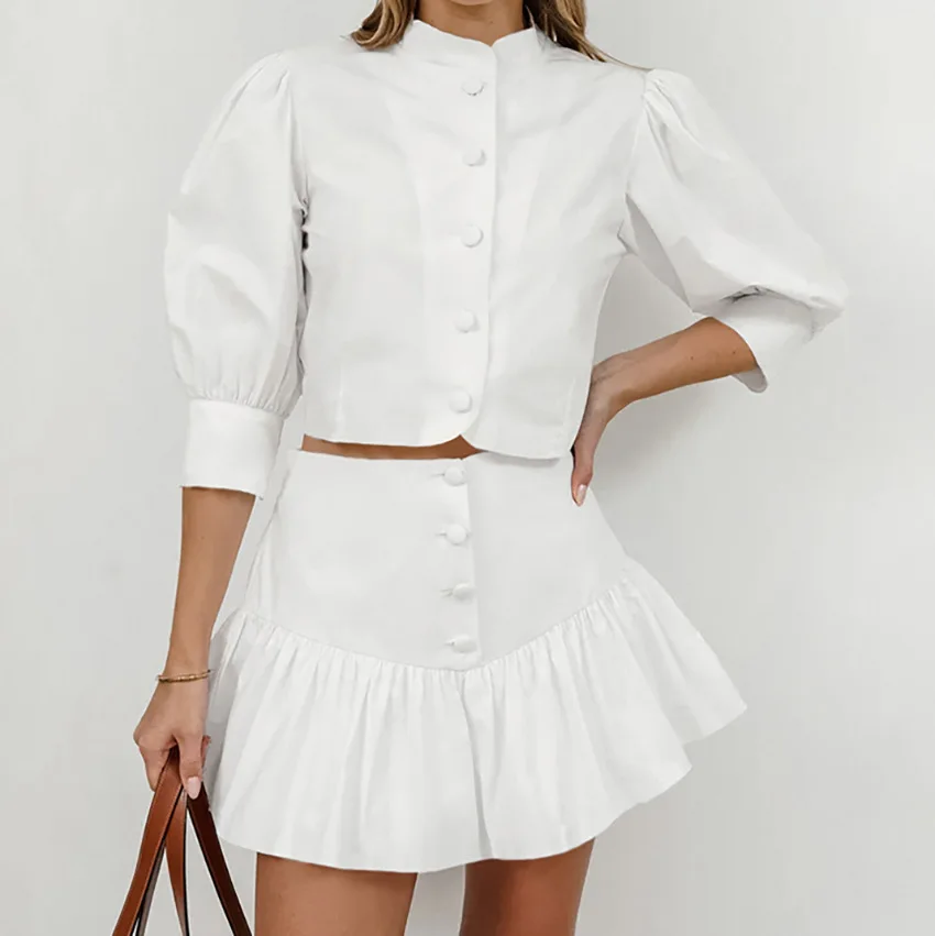 

Elegant Long Sleeve Crop Shirt With High Waist Mini Skirt Set Female Autumn Fashion Slim White Cotton Women's Two Pieces Set