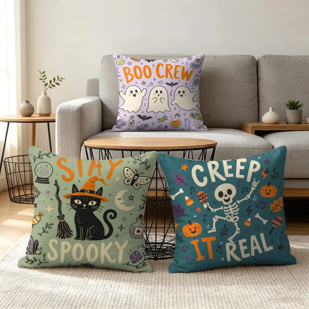 Vintage Halloween Typography Cushion Cover Soft Short Plush Pillow Cover Smooth Cozy Texture Aesthetic Cushion Case Home Decor