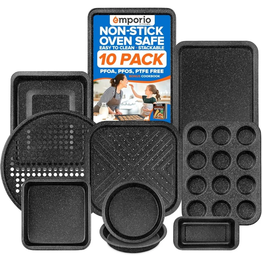 10-Piece Stackable Nonstick Baking Pan Set Gray Marble Carbon Steel Bakeware Oven Safe to 450°F with Recipe Booklet