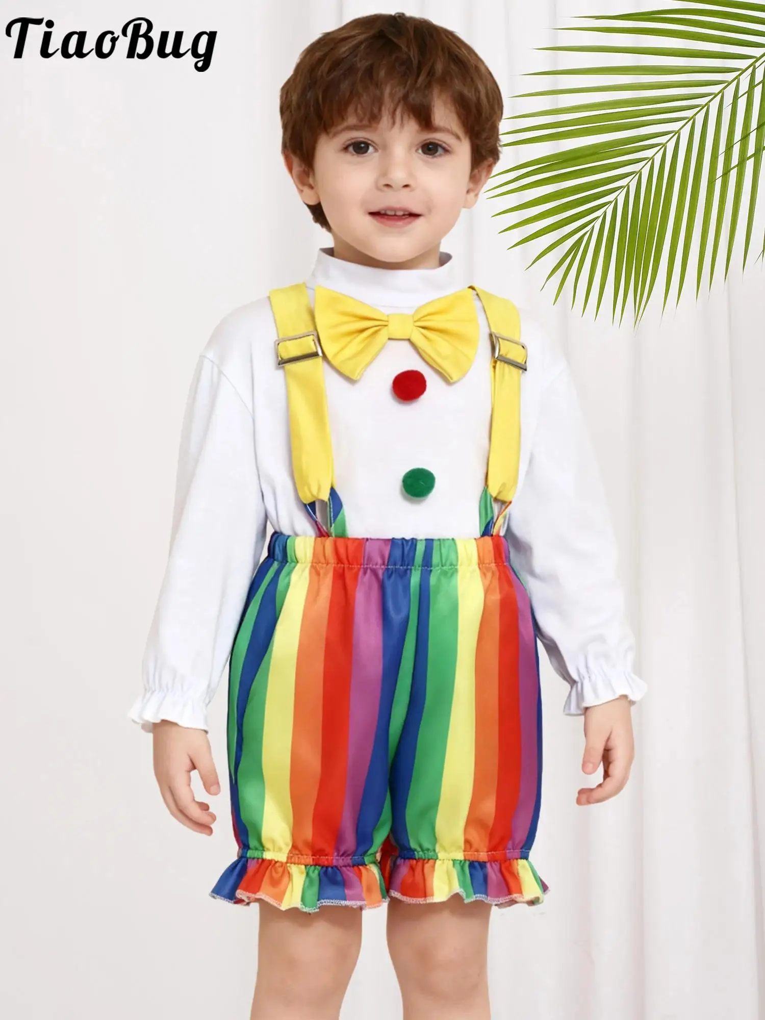 

Boys Girls Long Sleeve Bow Tie Circus Clown Rompers with Suspenders Shorts for Halloween Carnival Funny Joker Cosplay Costumes