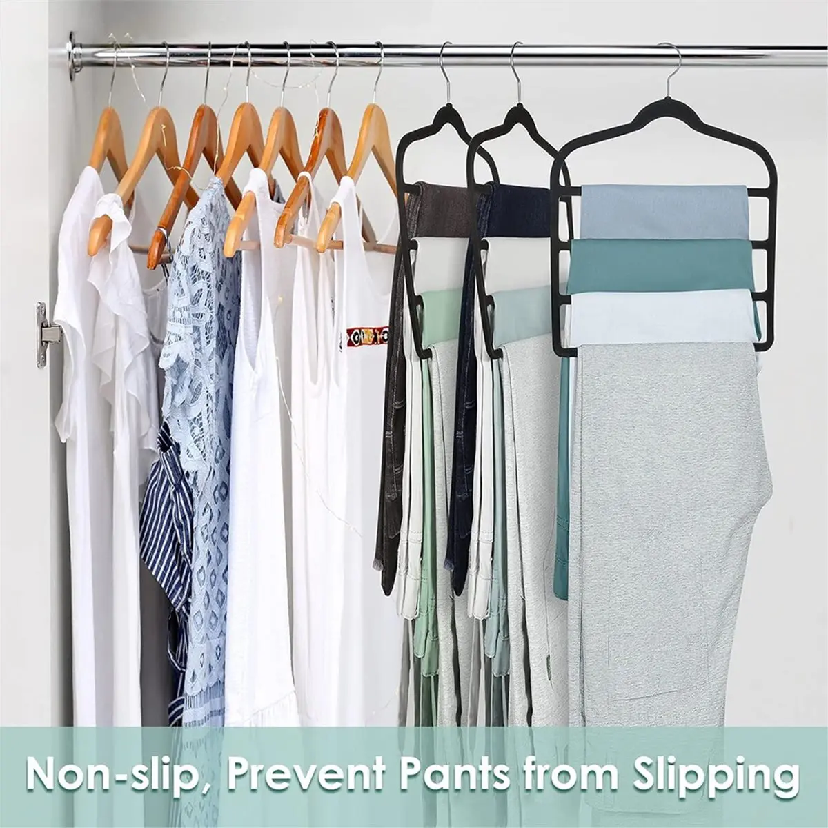 Hangers, Space-Saving Multi-Tier Closet Organizers for,Trousers, Skirts, Scarves,Non-Slip Vertical Storage Black