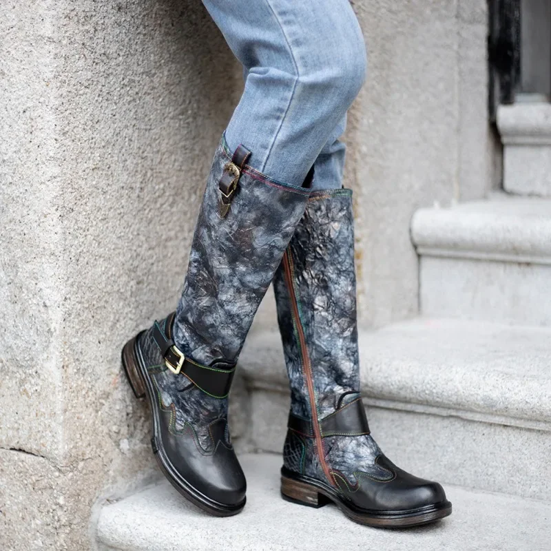 

Fashion Knee-High Boots Multicolour Ladies Genuine Leather Comfortable Square Heel Pleated Side Zipper Boots Women Soft Boots